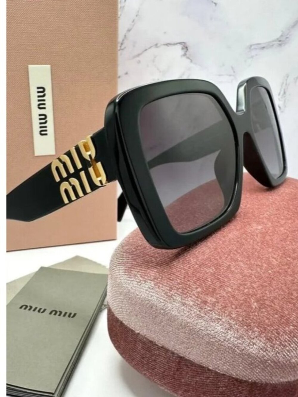Miu Miu Black Oversized Square Sunglasses with Gold Logo
